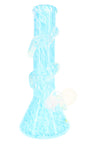 Light aqua beaker bong in soft glass with spiral neck grips and matching side marble; classic beaker profile for stability.