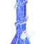 Cobalt blue soft glass beaker water pipe with spiral grip rings and round side marble; textured color pattern through body and neck.