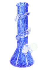 Cobalt blue soft glass beaker water pipe with spiral grip rings and round side marble; textured color pattern through body and neck.