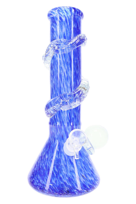 Cobalt blue soft glass beaker water pipe with spiral grip rings and round side marble; textured color pattern through body and neck.