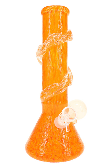 Orange soft glass beaker bong with clear spiral grips and side marble; bold speckled base and steady beaker shape.