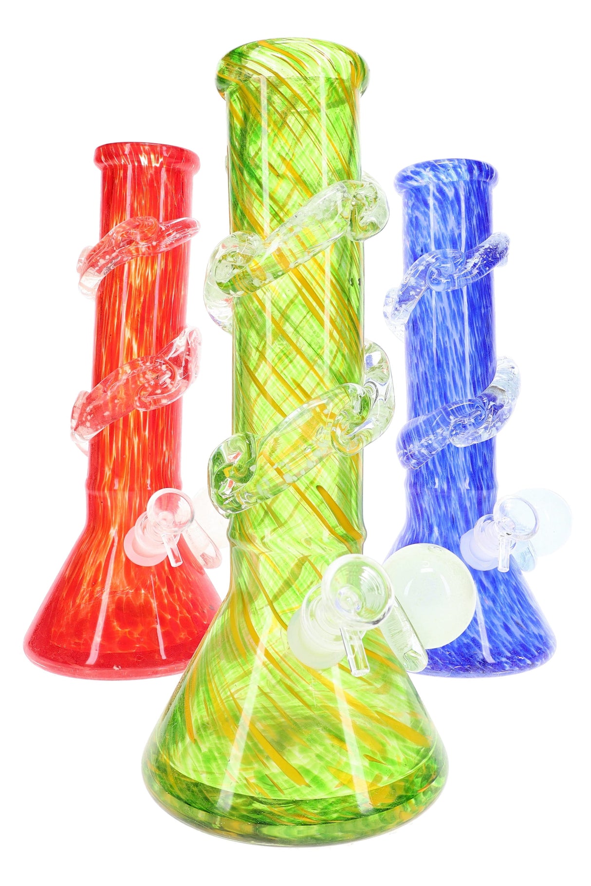 Trio of soft glass beaker bongs with spiral grip rings and side marbles in green, red, and blue; UV-reactive accents; assorted colors, sold individually.