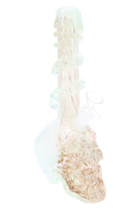 Clear soft glass skull water pipe with spiral neck rings and included grommeted slide shown; lightweight look with subtle shimmer.