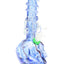 Blue soft glass skull bong highlighting swirled color in the neck and spiral grips; sturdy skull base for stable tabletop use.