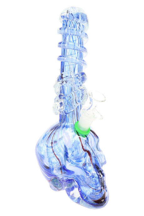 Blue soft glass skull bong highlighting swirled color in the neck and spiral grips; sturdy skull base for stable tabletop use.
