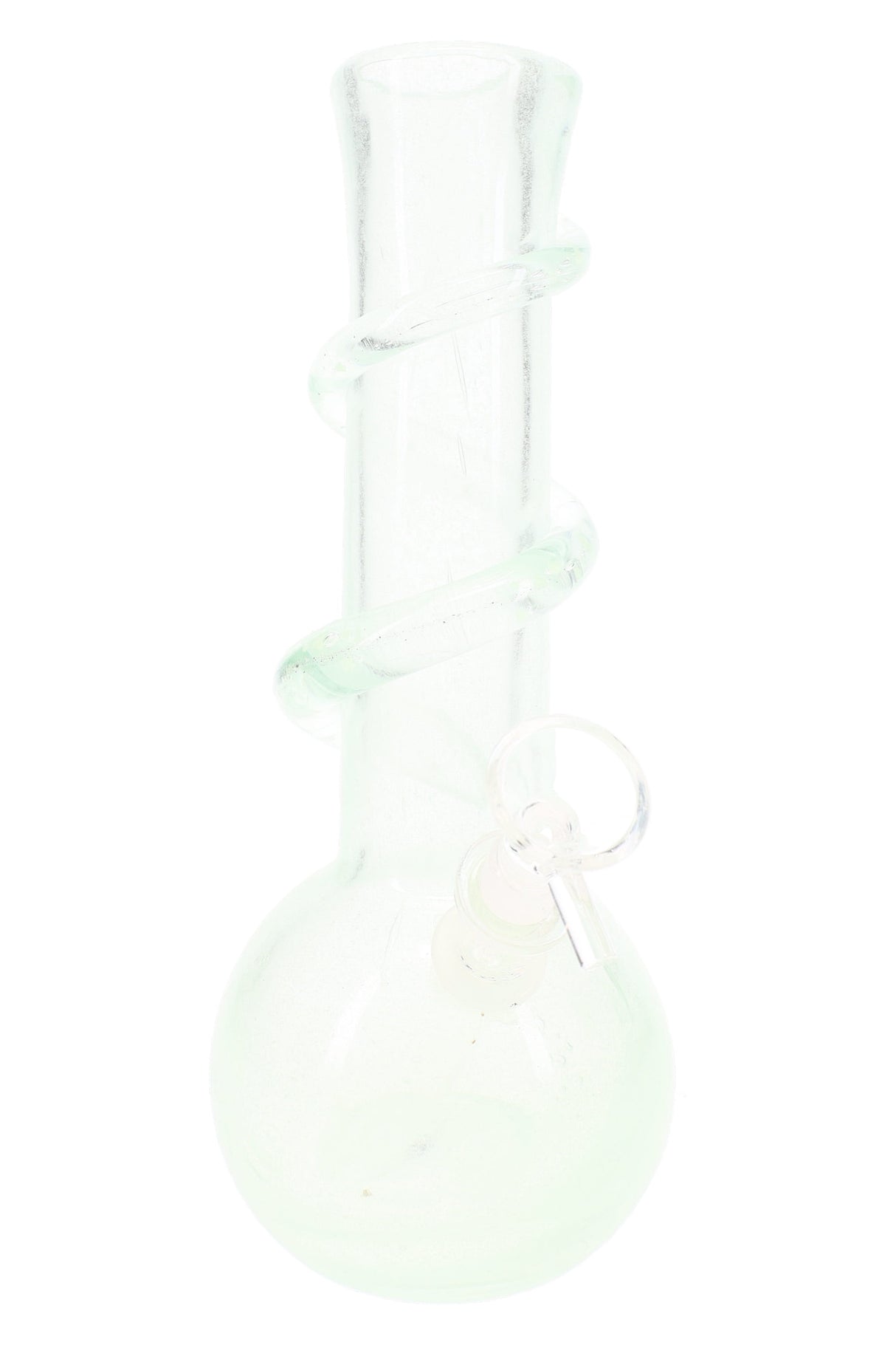 Soft glass round-base bong with clear UV-reactive spiral around the neck; minimalist opal tint; classic bubble body for stable, smooth hits.
