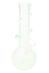 Soft glass round-base bong with clear UV-reactive spiral around the neck; minimalist opal tint; classic bubble body for stable, smooth hits.