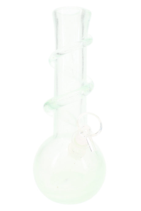 Soft glass round-base bong with clear UV-reactive spiral around the neck; minimalist opal tint; classic bubble body for stable, smooth hits.
