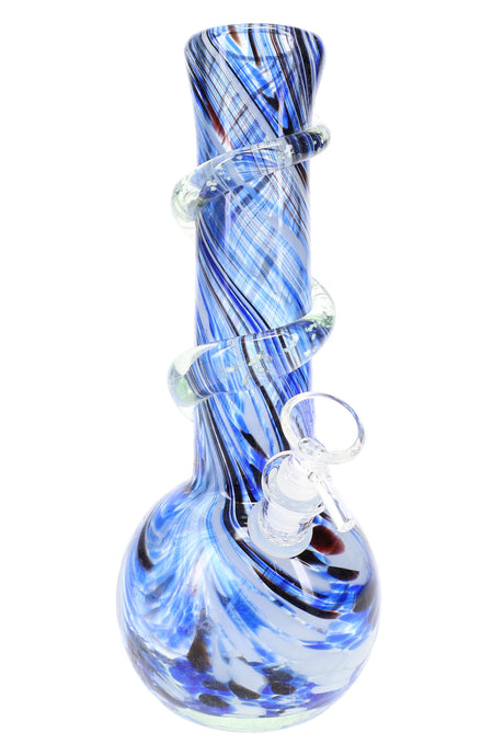 Blue swirl soft glass round-base bong featuring a clear spiral neck grip and rounded bubble base for steady, comfortable sessions.