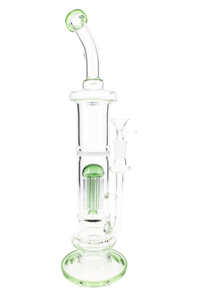 Green-accent 15″ stemless straight shooter glass bong with colored multi-arm perc and side-mounted bowl joint.