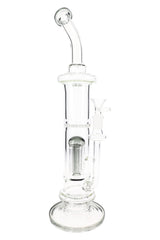 Clear 15″ stemless straight shooter bong showing internal multi-arm diffuser perc and bent mouthpiece.