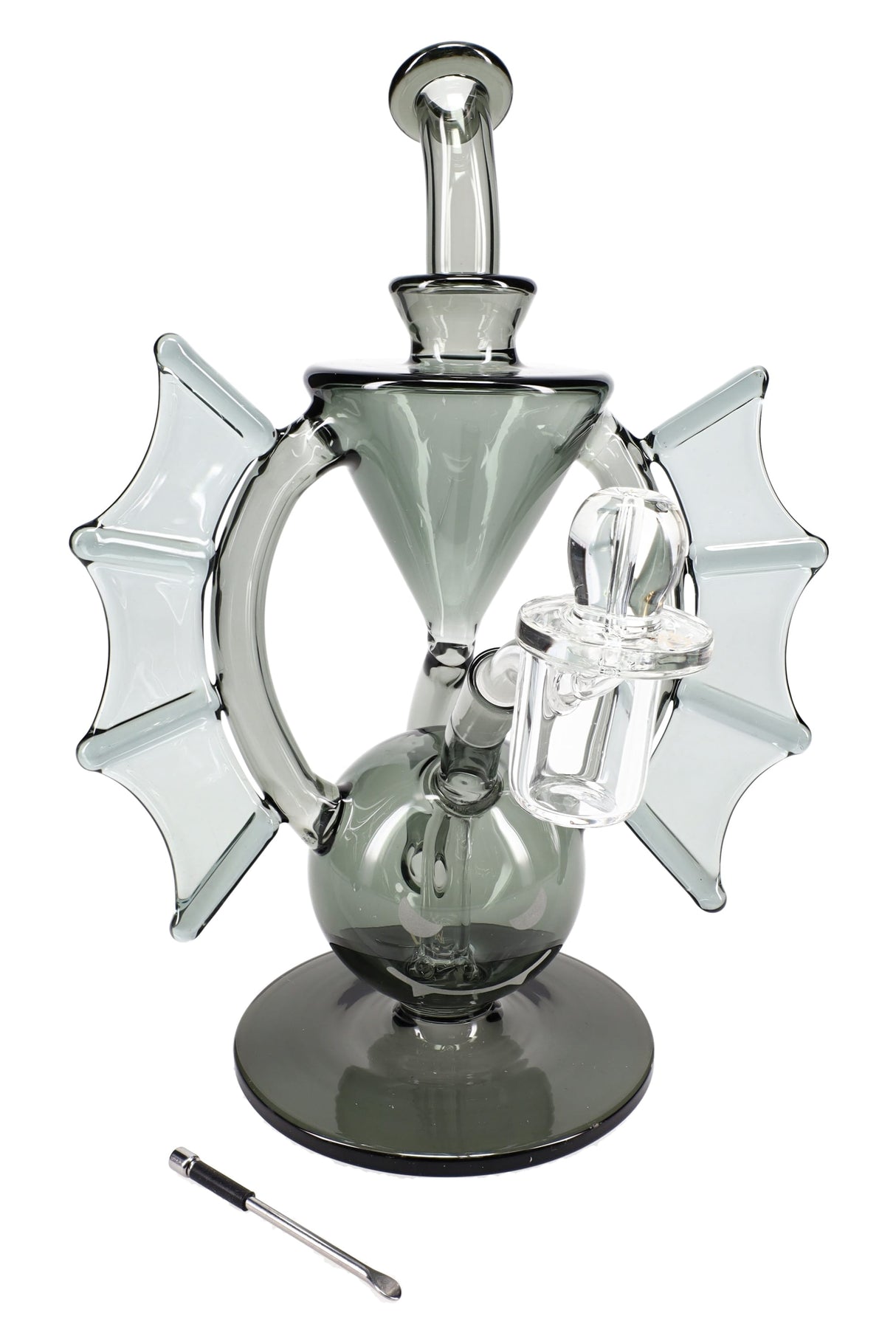 Smoky gray MJ Arsenal Nocturne mini dab rig with bat-wing sides, funnel chamber, and included quartz banger on a round base.