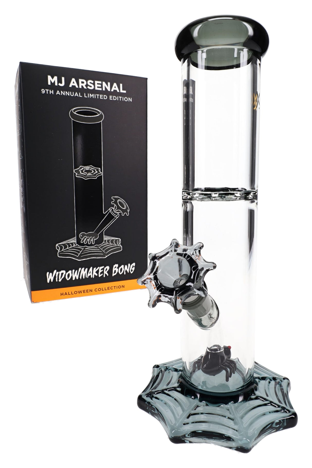 Widowmaker limited edition glass bong beside retail box, showing webbed base, straight tube design, and themed bowl included.