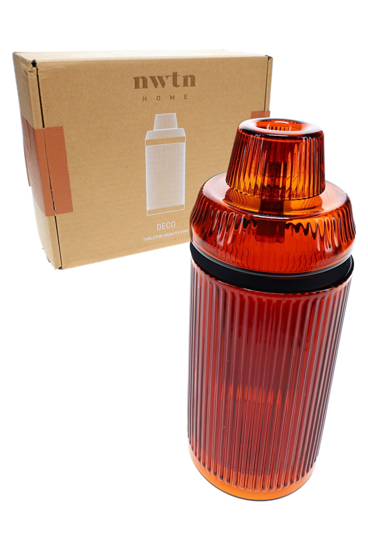 Amber Deco gravity bong beside retail box, ribbed glass tabletop piece with 14 mm slide, angled view.