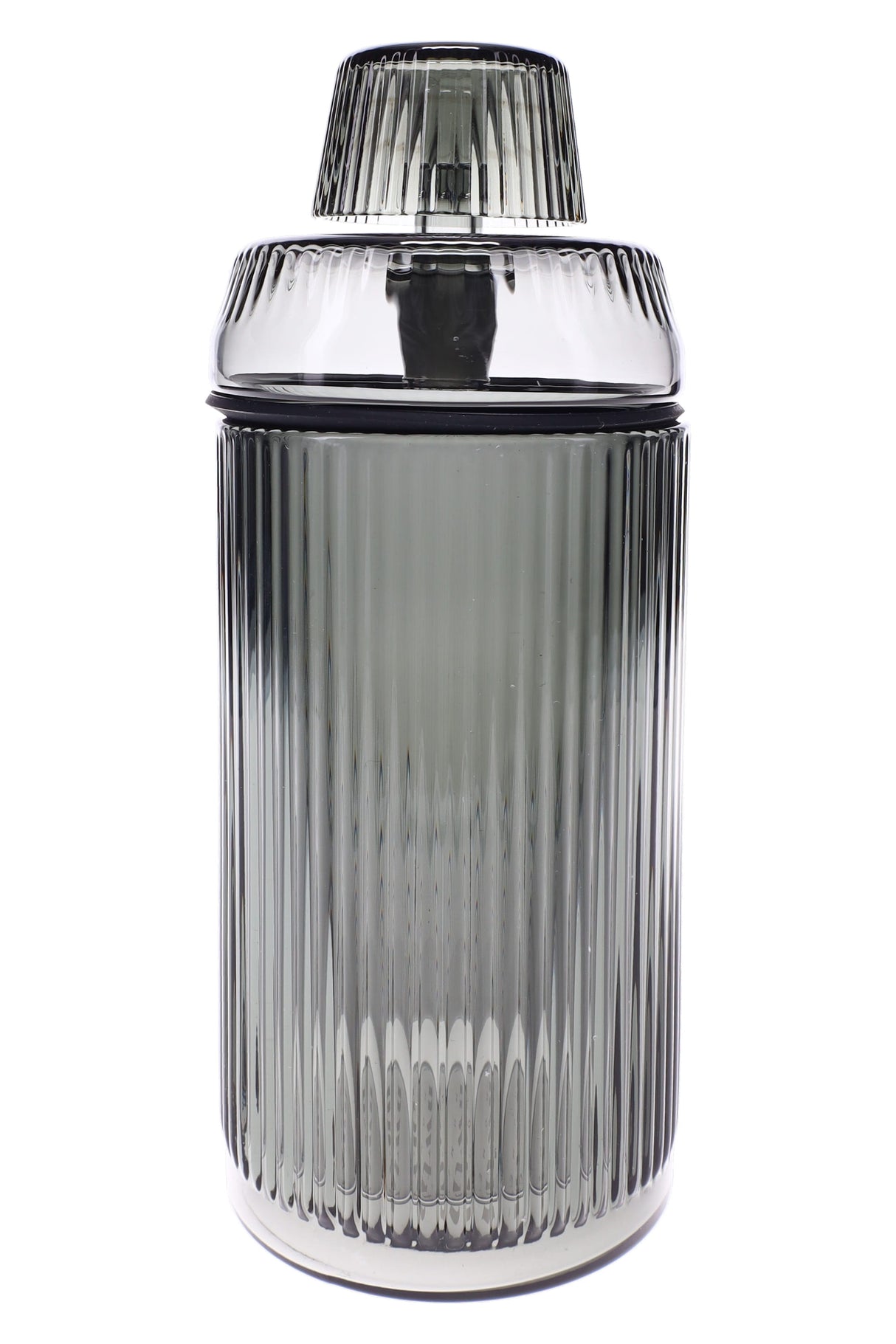 Charcoal gray ribbed glass tabletop gravity bong, 8.1″, straight-on view showing 14 mm connection.