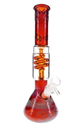 Red silver-fumed 12″ beaker bong with center coil perc and glass bowl, straight neck and beaker base, studio shot on white.