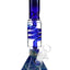 Blue silver-fumed 12″ beaker bong showing clear mid-chamber coil perc and beaker base with swirled color accents, front view.