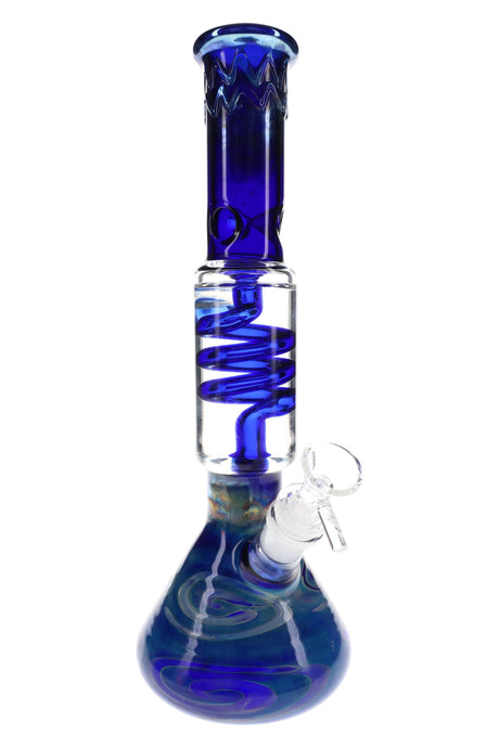 Blue silver-fumed 12″ beaker bong showing clear mid-chamber coil perc and beaker base with swirled color accents, front view.