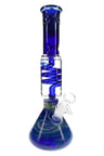 Blue silver-fumed 12″ beaker bong showing clear mid-chamber coil perc and beaker base with swirled color accents, front view.