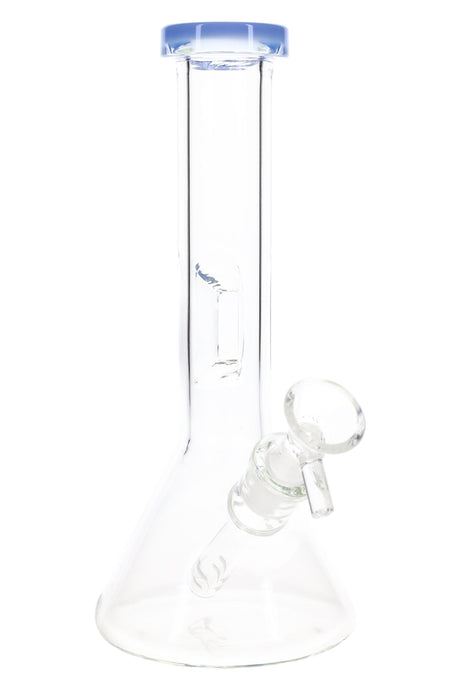 Single 8″ clear glass beaker bong with light blue rim, glass-on-glass bowl, and built-in ice pinch.