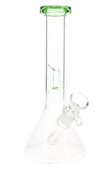 8″ clear beaker bong with green rim highlighting straight neck, ice pinch, and angled downstem with glass bowl.