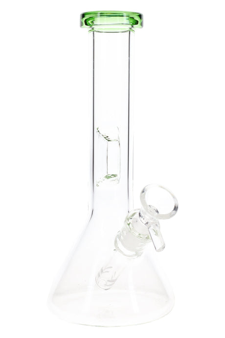 8″ clear beaker bong with green rim highlighting straight neck, ice pinch, and angled downstem with glass bowl.