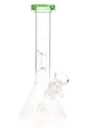 8″ clear beaker bong with green rim highlighting straight neck, ice pinch, and angled downstem with glass bowl.