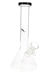 8″ clear beaker bong with black rim accent, classic beaker base, and glass-on-glass slide on a white background.