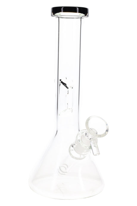 8″ clear beaker bong with black rim accent, classic beaker base, and glass-on-glass slide on a white background.