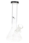 8″ clear beaker bong with black rim accent, classic beaker base, and glass-on-glass slide on a white background.