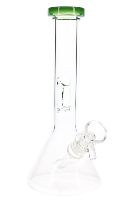 Close front view of an 8″ clear beaker bong with bright green rim, showing ice pinch and included glass bowl.