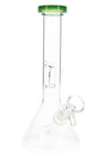Close front view of an 8″ clear beaker bong with bright green rim, showing ice pinch and included glass bowl.