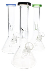 Trio of 8″ clear beaker bongs with colored mouthpiece rims and glass bowls, showing classic beaker bases and straight tubes.