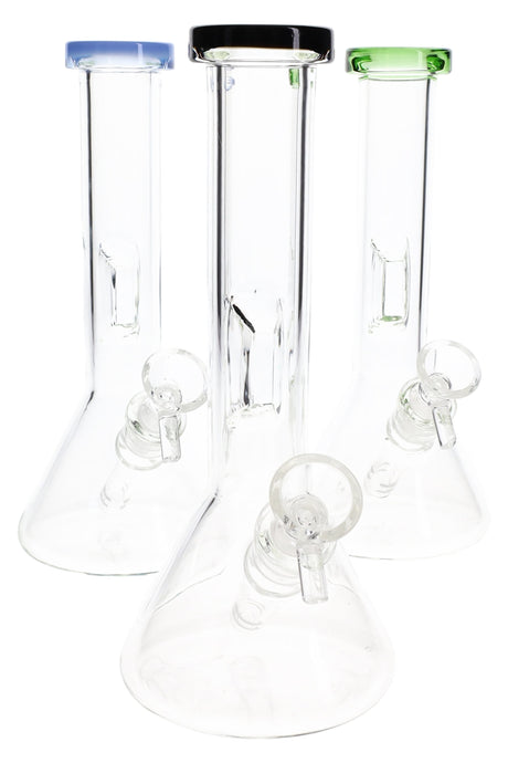 Trio of 8″ clear beaker bongs with colored mouthpiece rims and glass bowls, showing classic beaker bases and straight tubes.