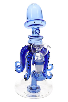 Blue glass squid bong, 8.5″, showerhead perc and included 14.5 mm herb bowl on a wide clear base.