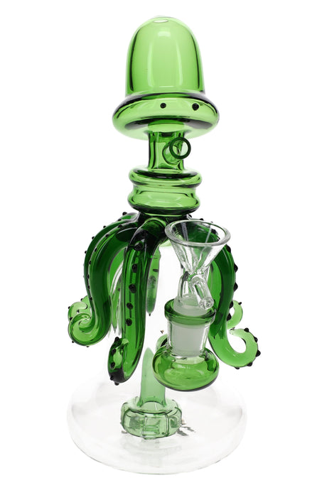 Green glass squid bong, 8.5″ stemless design with showerhead perc and 14.5 mm male bowl included.