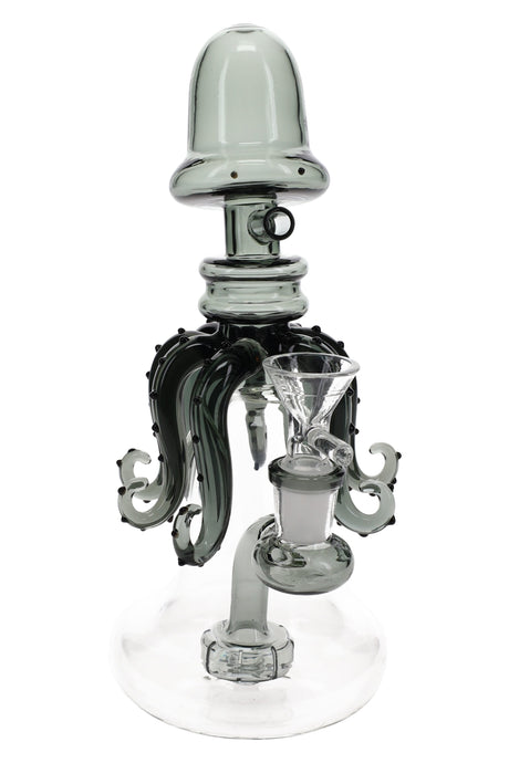 Gray glass squid bong, 8.5″ with tentacle details, showerhead perc and 14.5 mm GoG connection.