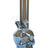 10″ metallic glass skull bong with straight neck and glass-on-glass female joint, reflective blue finish on a sturdy skull base.