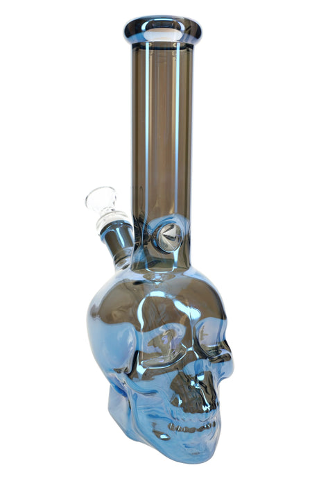 10″ metallic glass skull bong with straight neck and glass-on-glass female joint, reflective blue finish on a sturdy skull base.