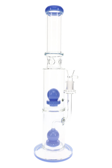 Tall 18″ stemless straight tube bong with dual sphere showerhead percs, glass-on-glass joint, and blue accent mouthpiece and base.