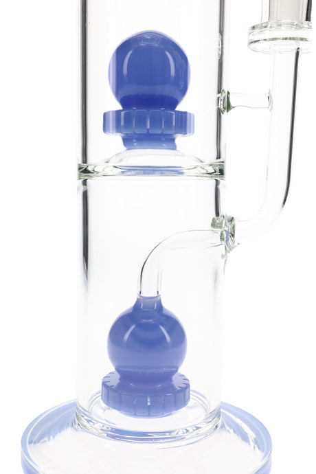 Close-up of lower chamber showing stacked blue sphere showerhead percs on a stemless 18″ straight tube water pipe.