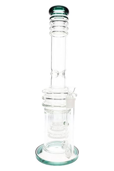 18″ clear straight tube bong with ribbed mouthpiece, layered honeycomb chamber, wide base, and glass-on-glass joint with bowl.