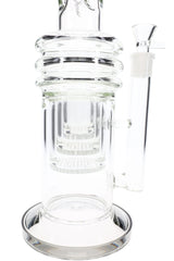 Close-up of honeycomb chamber and ribbed mid-section on an 18″ straight tube bong with glass-on-glass joint.
