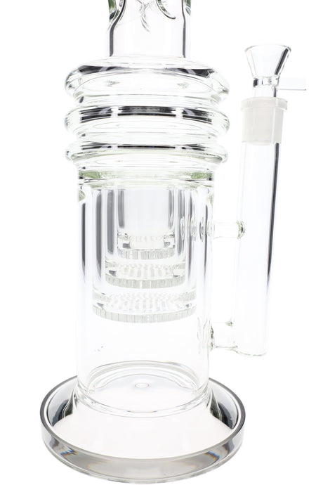 Close-up of honeycomb chamber and ribbed mid-section on an 18″ straight tube bong with glass-on-glass joint.