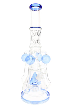 17″ clear glass recycler bong with sprinkler perc, orb recycler arms, GoG joint, and blue accent mouthpiece and base.