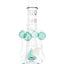 17″ clear recycler bong showing teal orb arms and cone accent, sprinkler perc, and wide stable base.