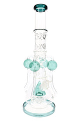 17″ clear recycler bong showing teal orb arms and cone accent, sprinkler perc, and wide stable base.
