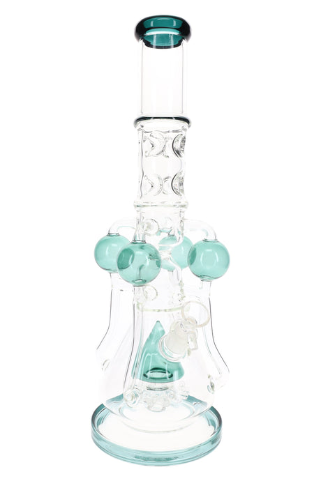 17″ clear recycler bong showing teal orb arms and cone accent, sprinkler perc, and wide stable base.