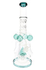 17″ clear recycler bong showing teal orb arms and cone accent, sprinkler perc, and wide stable base.