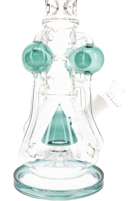 Close-up of teal cone accent and orb recycler arms on a 17″ glass recycler water pipe with sprinkler percolator.